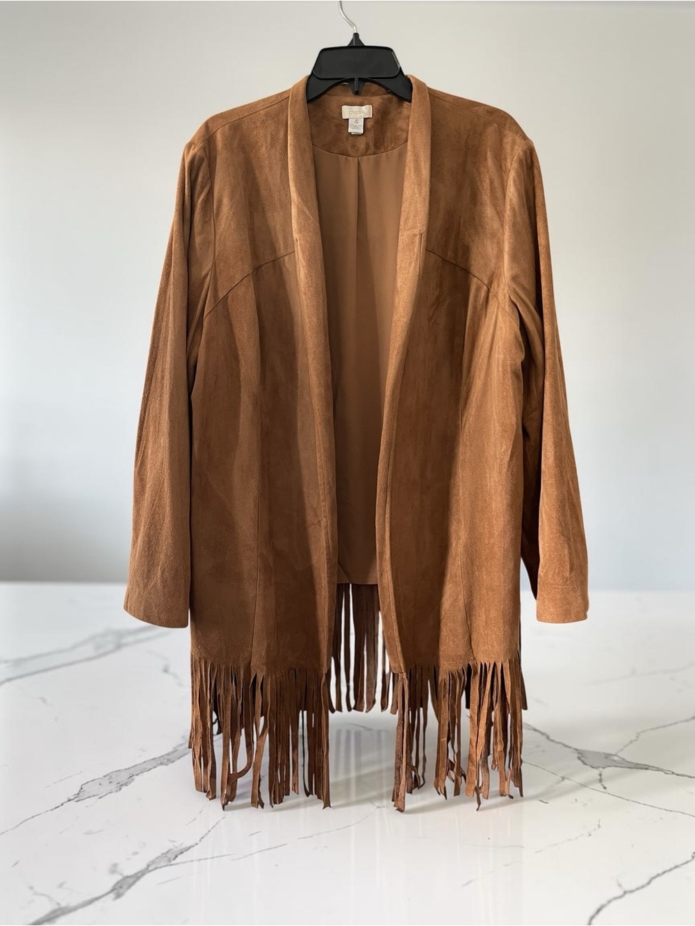 Chico’s Western Fringe Faux Suede Jacket Camel Brown Plus Size 4 XXL - Picture 2 of 6